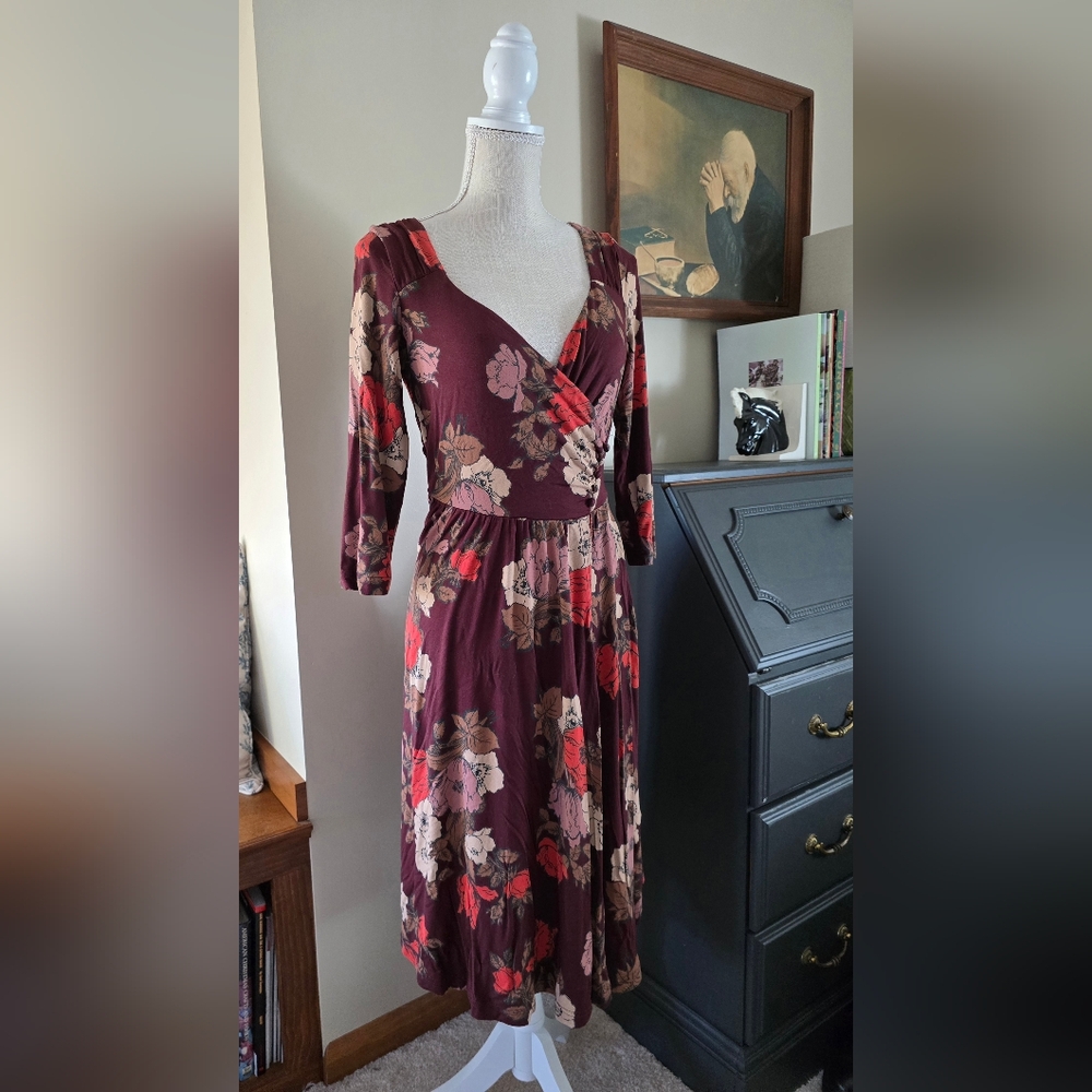 Maeve Anthropoligie Size M Brown Floral Faux Wrap Dress